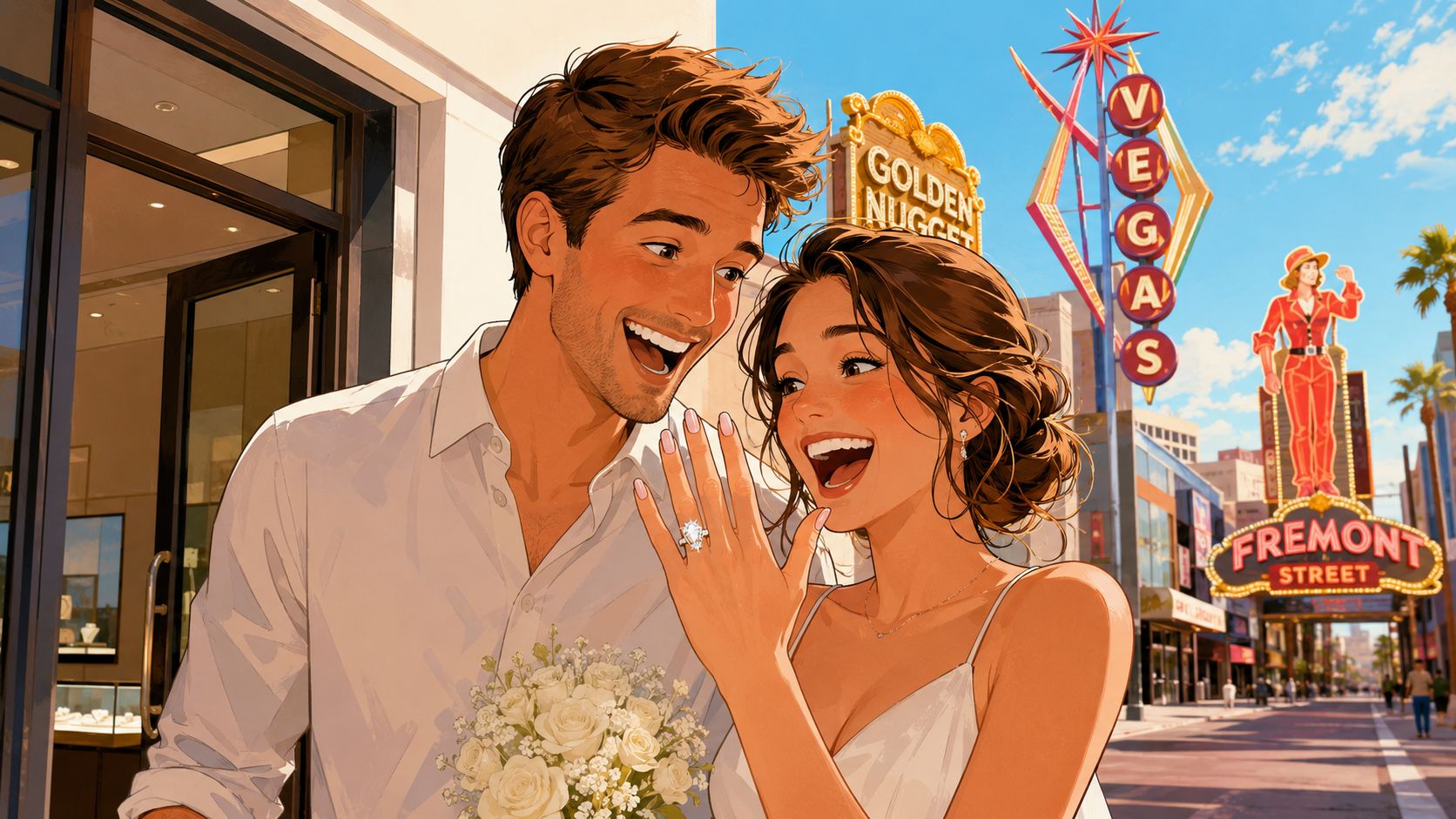 A happy couple celebrating their engagement in Las Vegas with a beautiful lab grown diamond ring.