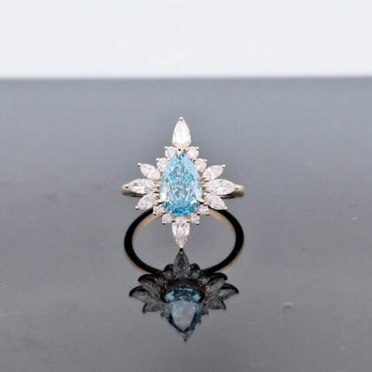 🔥 3.13 CTW Pear Cut Blue Diamond Starburst Halo Ring 14Kt- IGI Certified 🔥