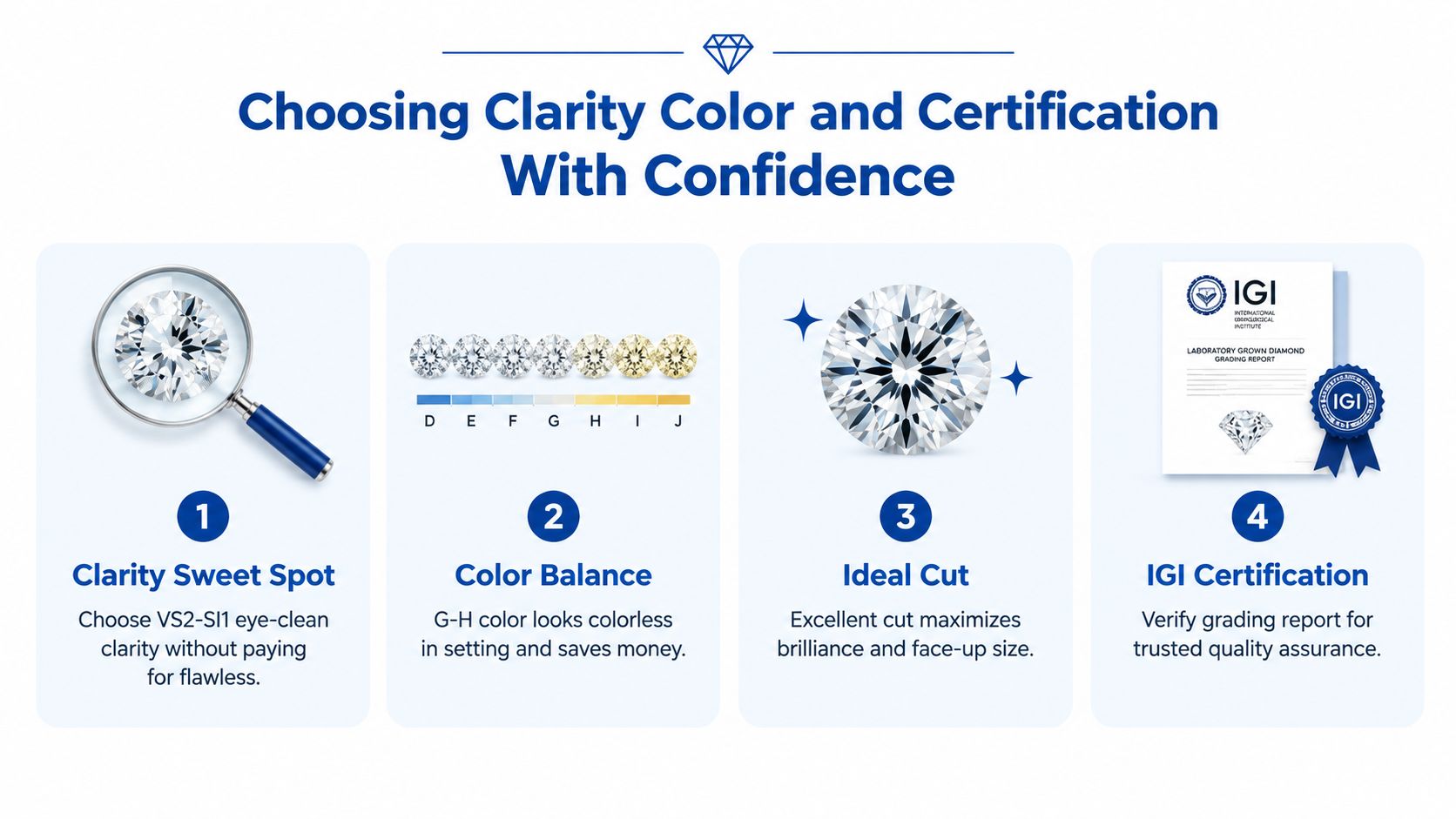 An infographic showing four steps to choose diamond clarity, color, cut, and IGI certification for confidence.