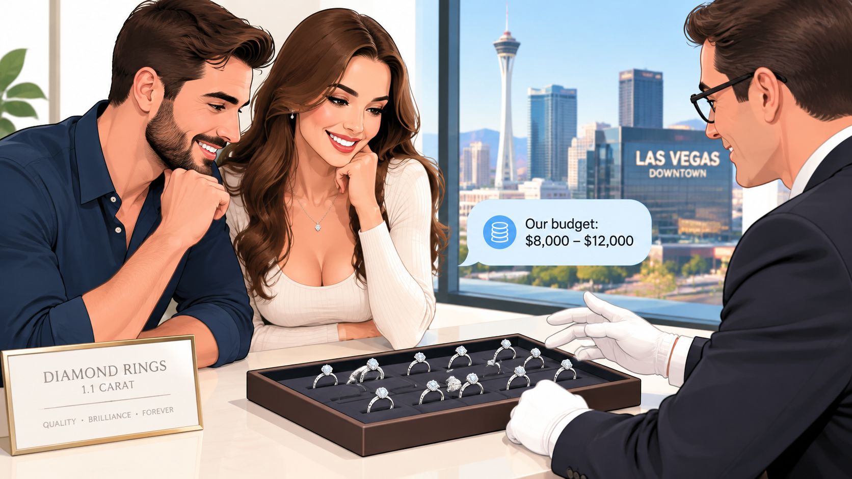 A happy couple looks at engagement rings with a professional jeweler in a shop in Las Vegas.