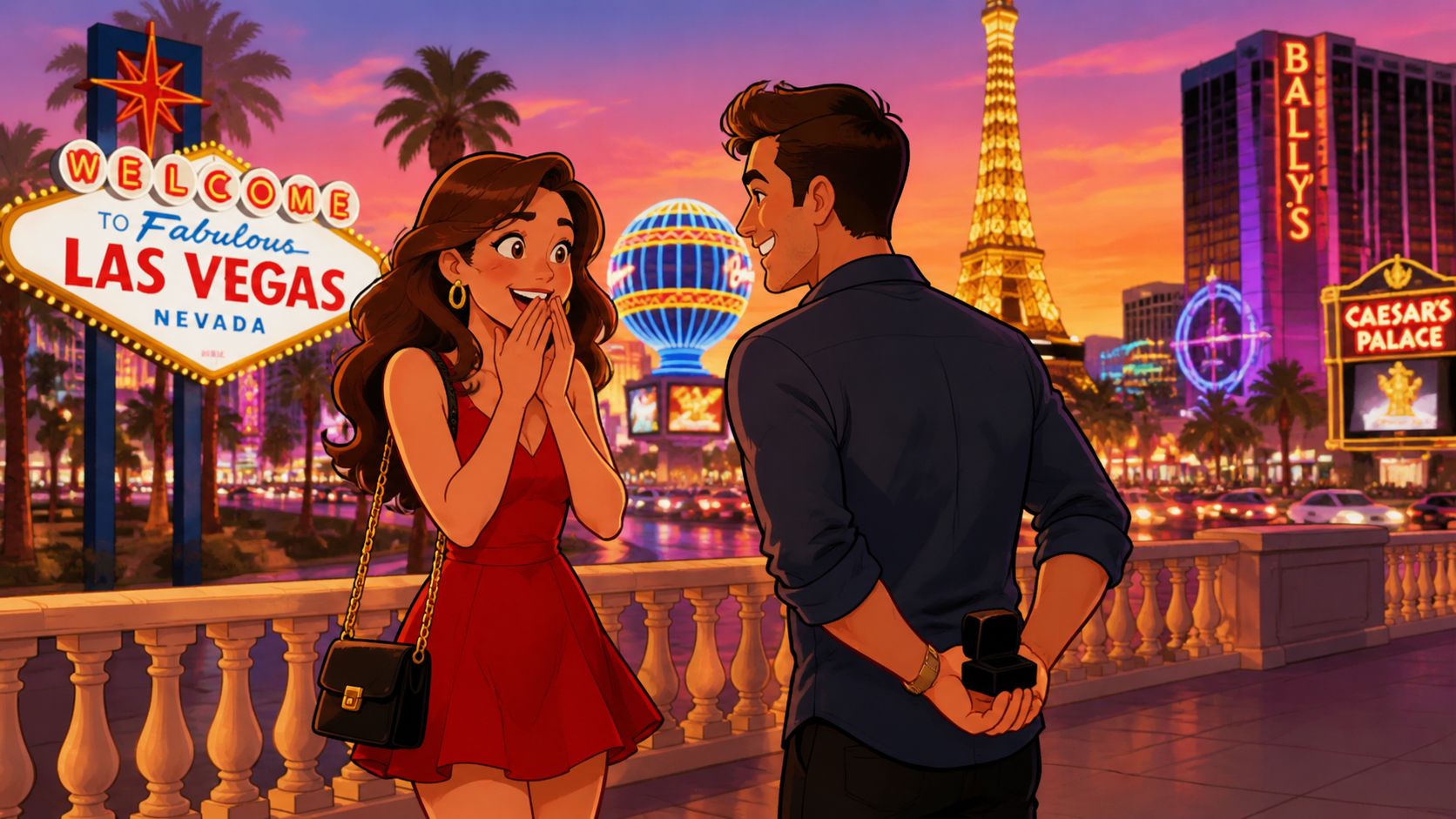 A couple sharing a romantic marriage proposal moment in front of the iconic Las Vegas sign at sunset.