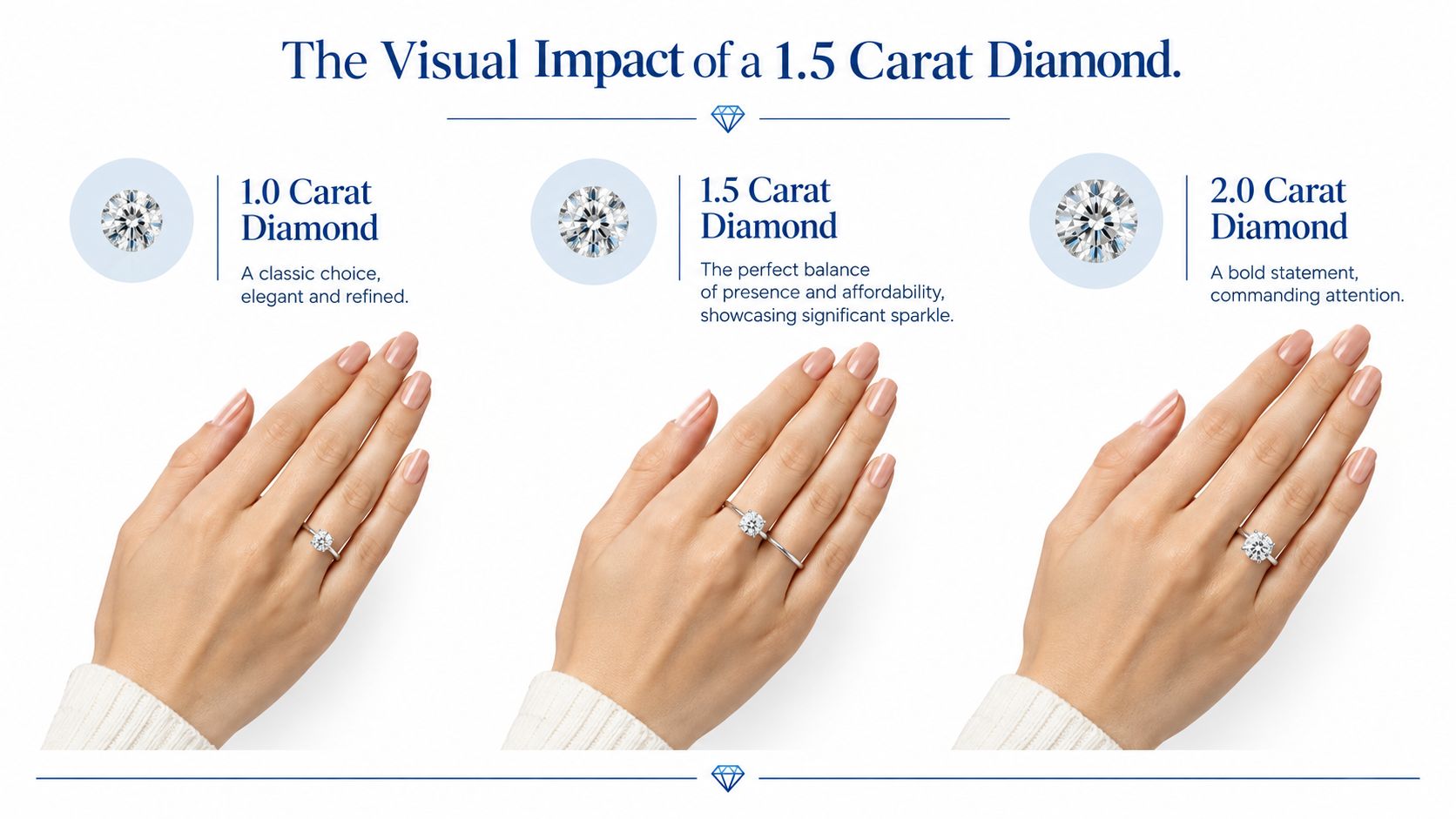 A visual comparison showing how 1.0, 1.5, and 2.0 carat solitaire diamond rings look on a hand.