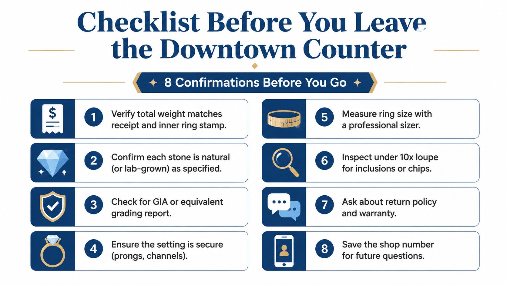 A checklist infographic titled 8 Confirmations Before You Go for purchasing jewelry at a downtown store.