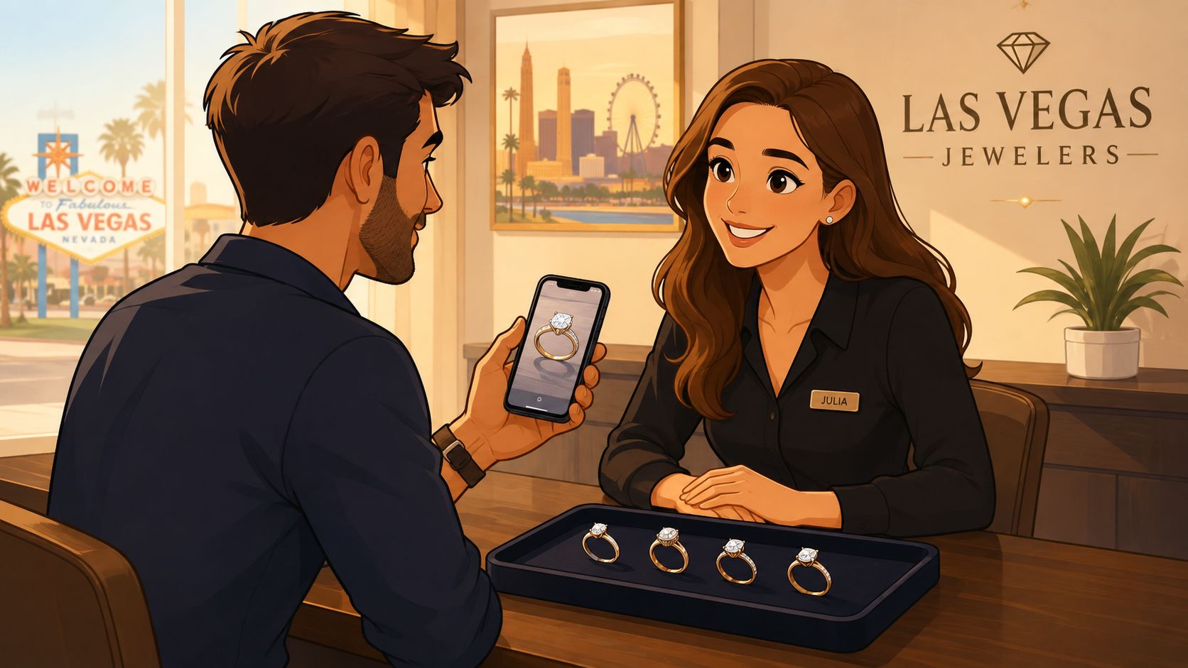 A man showing a jeweler a diamond ring on his smartphone in a Las Vegas store.