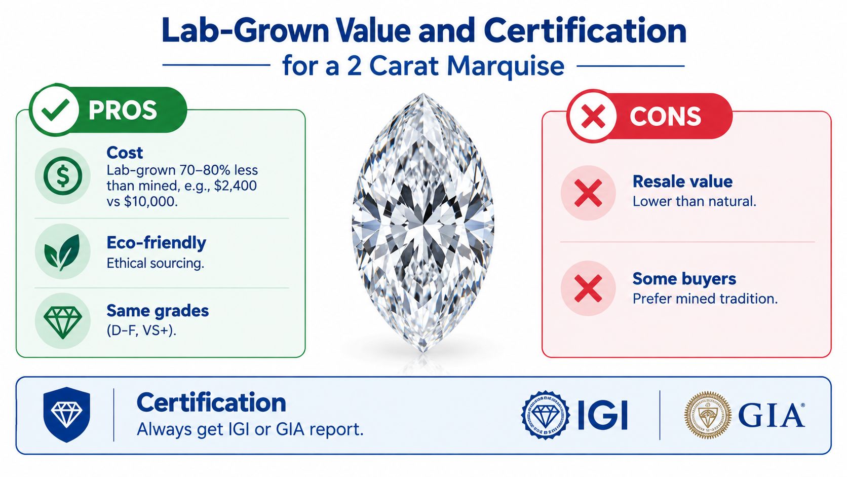 An infographic comparing the pros and cons of purchasing a 2 carat marquise lab-grown diamond.