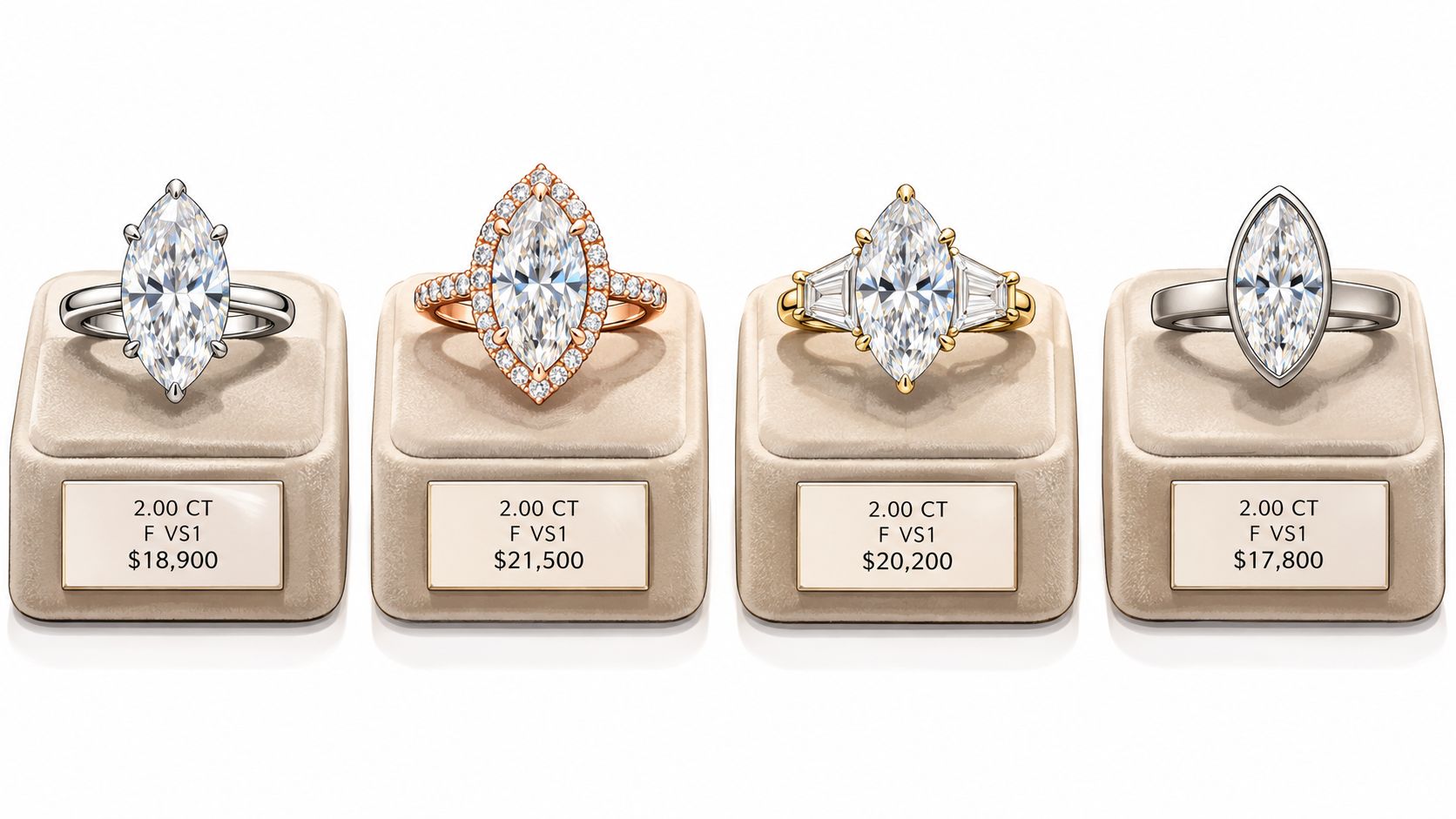 Four distinct 2 carat marquise cut diamond engagement rings displayed on individual velvet jewelry stands.