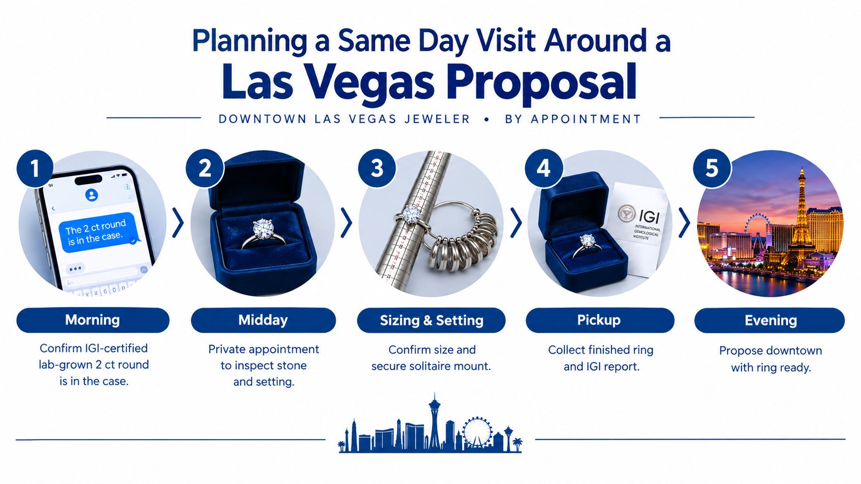 A step-by-step infographic showing how to plan a same-day lab-grown diamond ring proposal in Las Vegas.