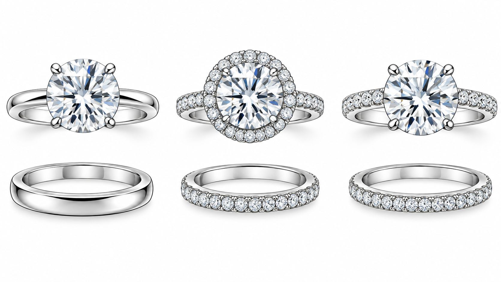 Three different styles of diamond engagement rings and matching wedding bands on a white background.