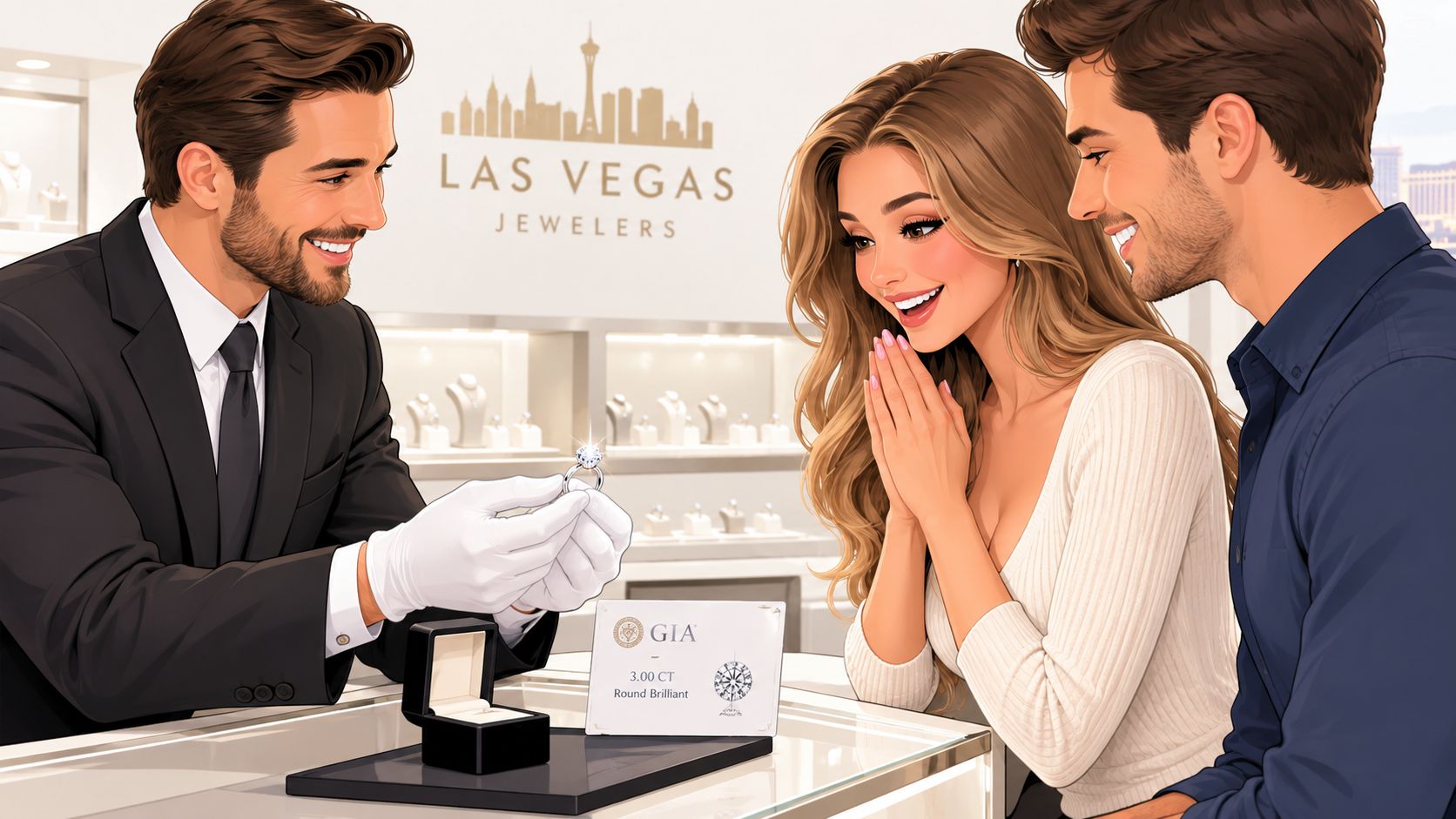 A professional jeweler showing a 3 carat round diamond engagement ring to a happy couple in store.