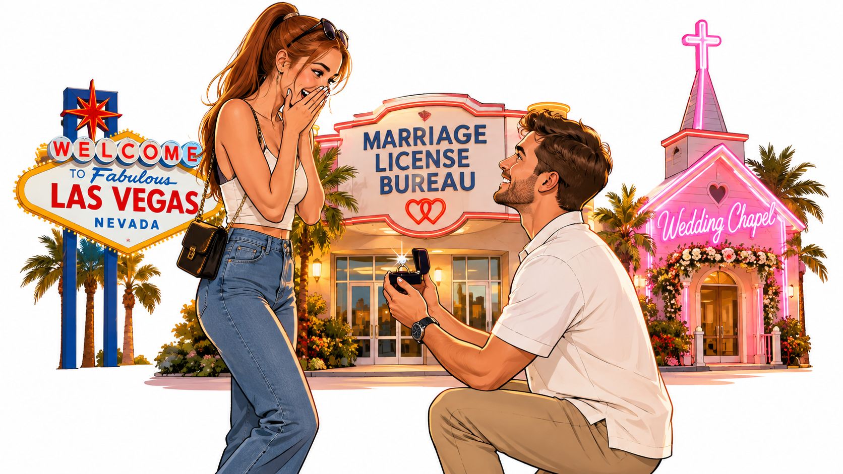 A man kneels to propose to his girlfriend with a diamond ring in front of a Las Vegas chapel.