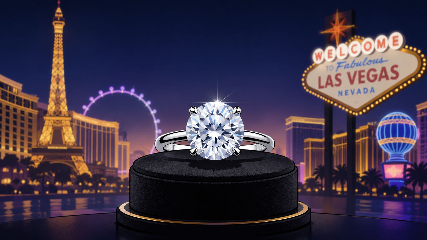 A sparkling three carat round diamond solitaire engagement ring resting on a black velvet pedestal in Las Vegas.