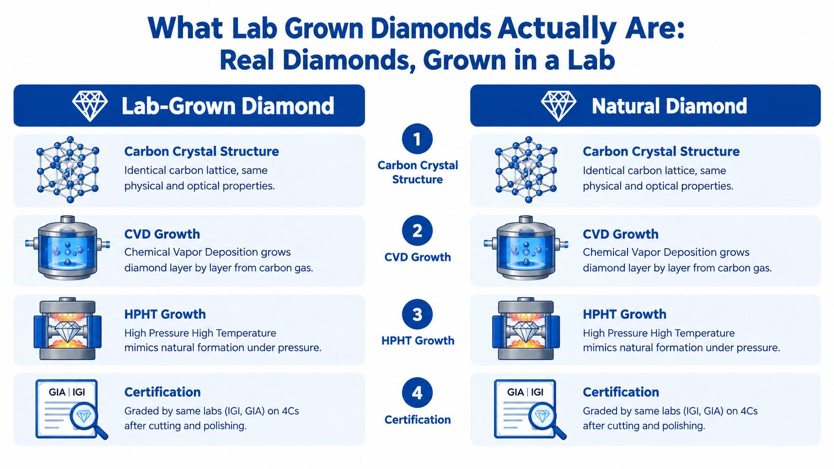 A comparison chart showing that lab-grown and natural diamonds share identical structures, growth methods, and grading standards.