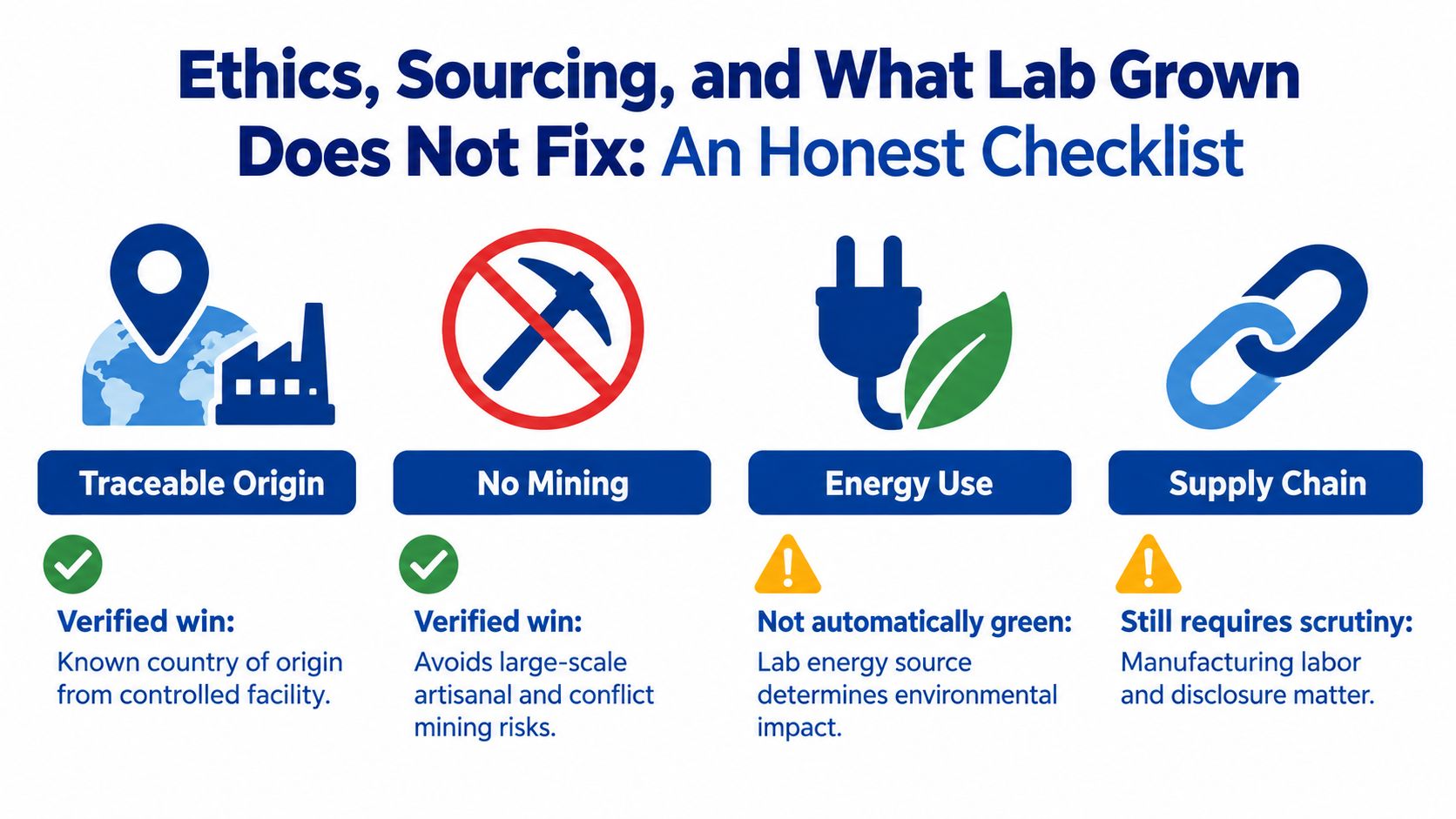 A checklist infographic comparing ethical considerations of lab grown diamonds including origin, mining, energy, and supply chain.