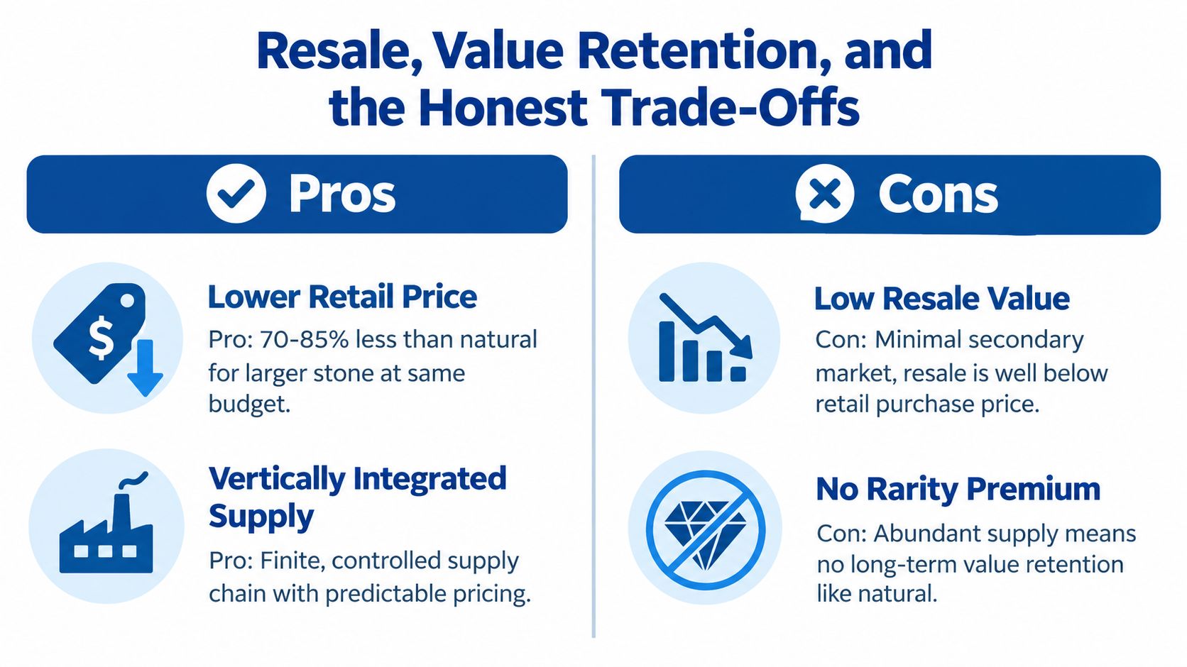 A comparison chart outlining the pros and cons of lab-grown diamonds regarding retail price and resale value.