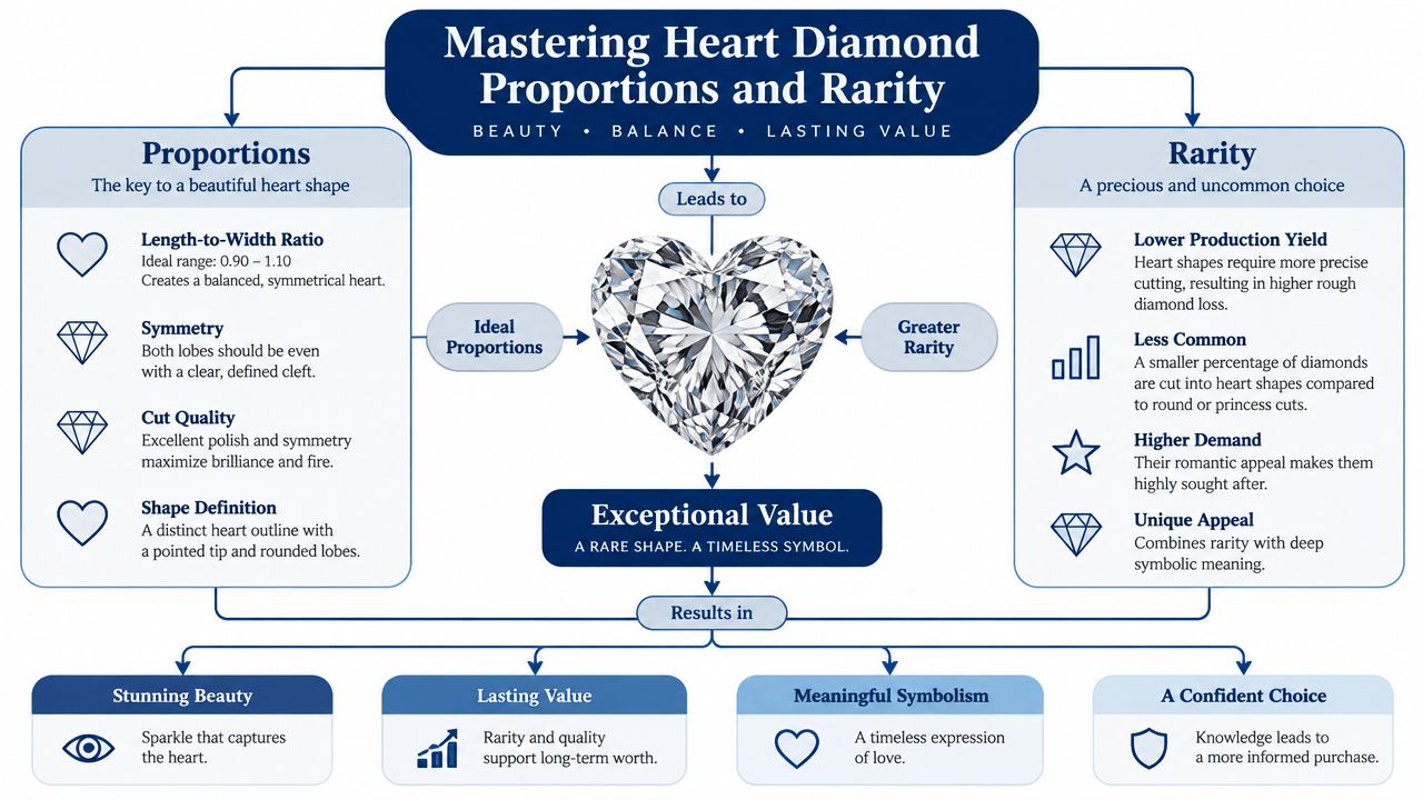 An infographic detailing the proportions, rarity, and characteristics of heart-shaped diamonds for potential jewelry buyers.