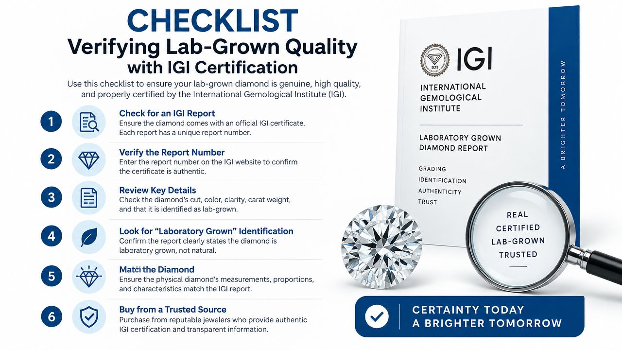 A checklist infographic from IGI showing six steps to verify the quality and authenticity of lab-grown diamonds.