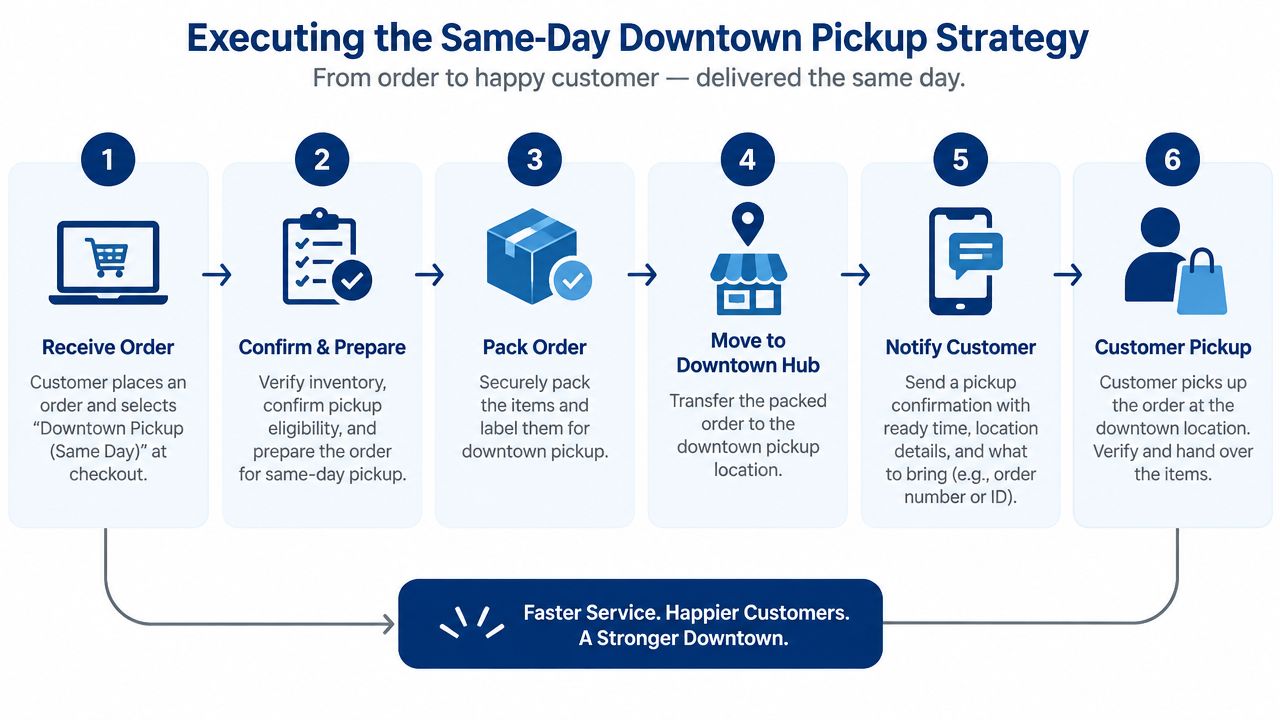 A six-step infographic detailing the process for executing a same-day downtown pickup strategy for retail businesses.