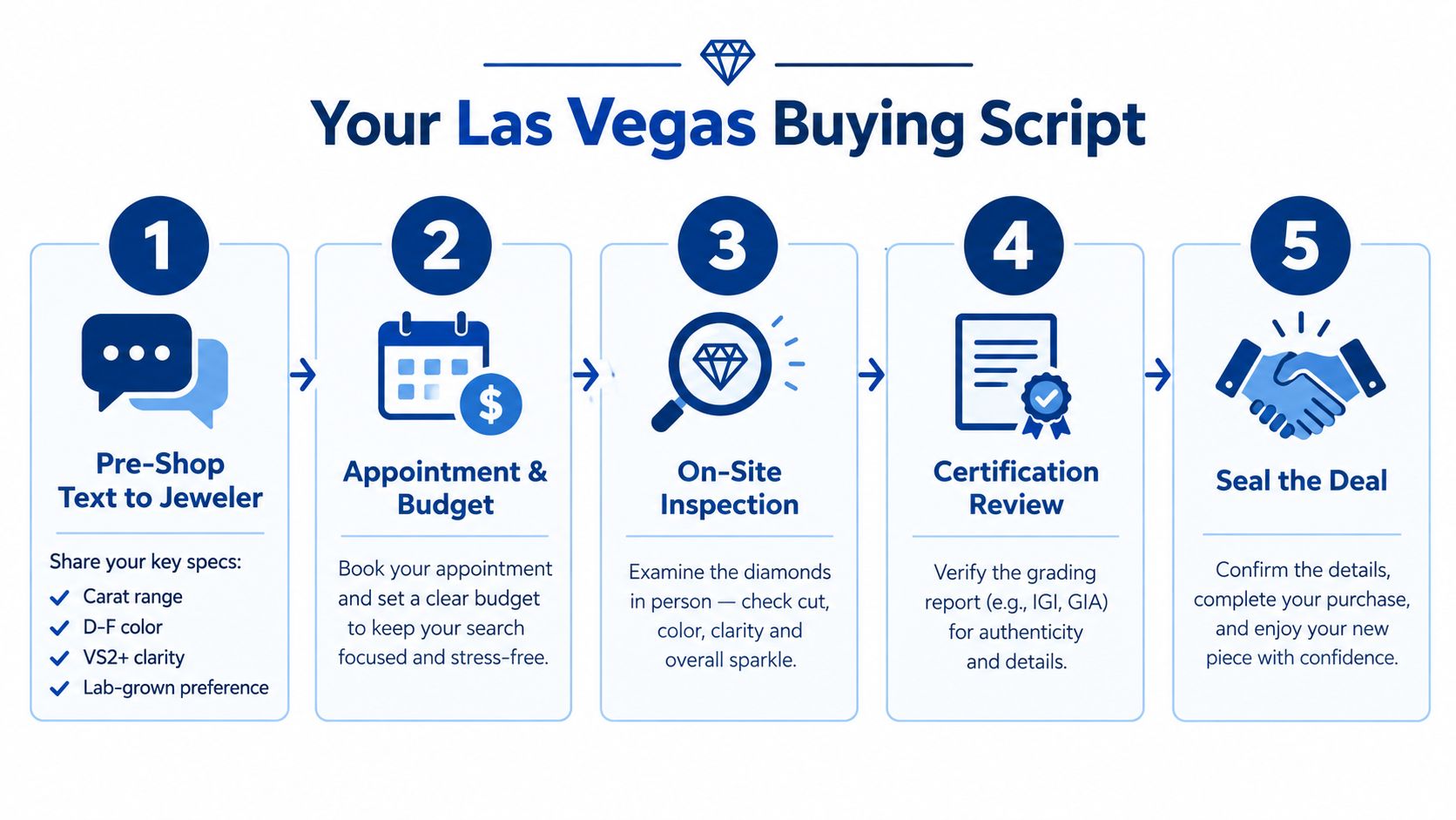 A five-step guide for purchasing a diamond in Las Vegas, showing the process from initial communication to final sale.