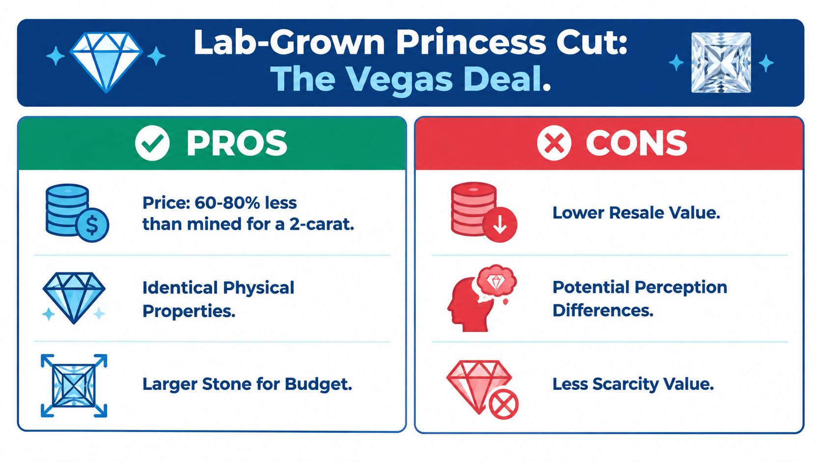 A comparison infographic showing the pros and cons of purchasing a lab-grown princess cut diamond.