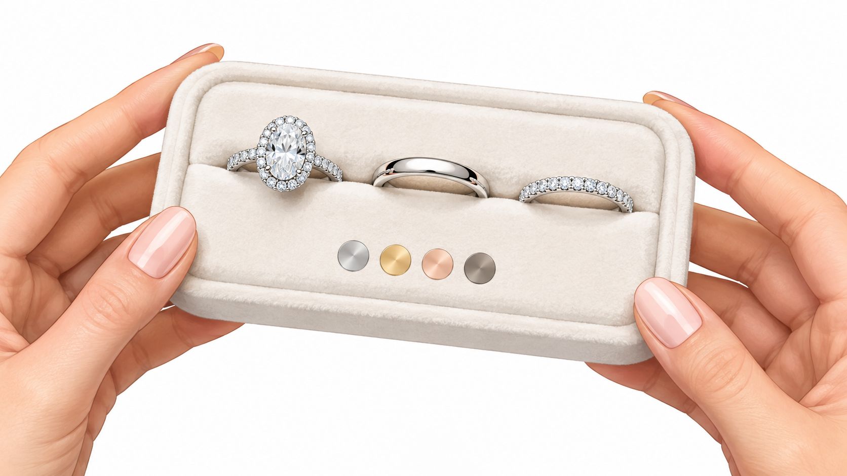 A person holding a jewelry box containing an oval halo engagement ring and two matching wedding bands.