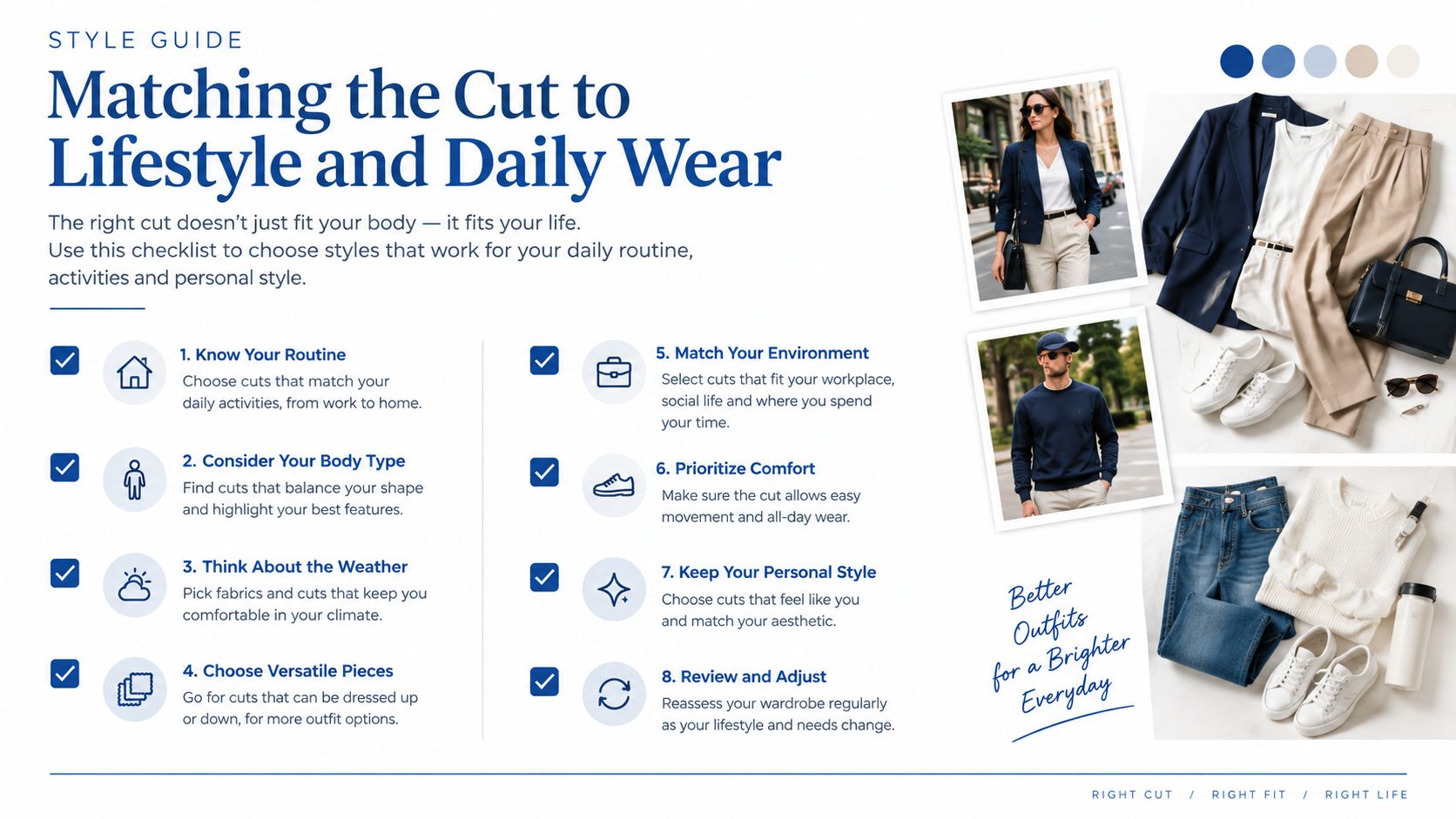 A style guide infographic showing steps to choose clothing cuts based on lifestyle, body type, and environment.