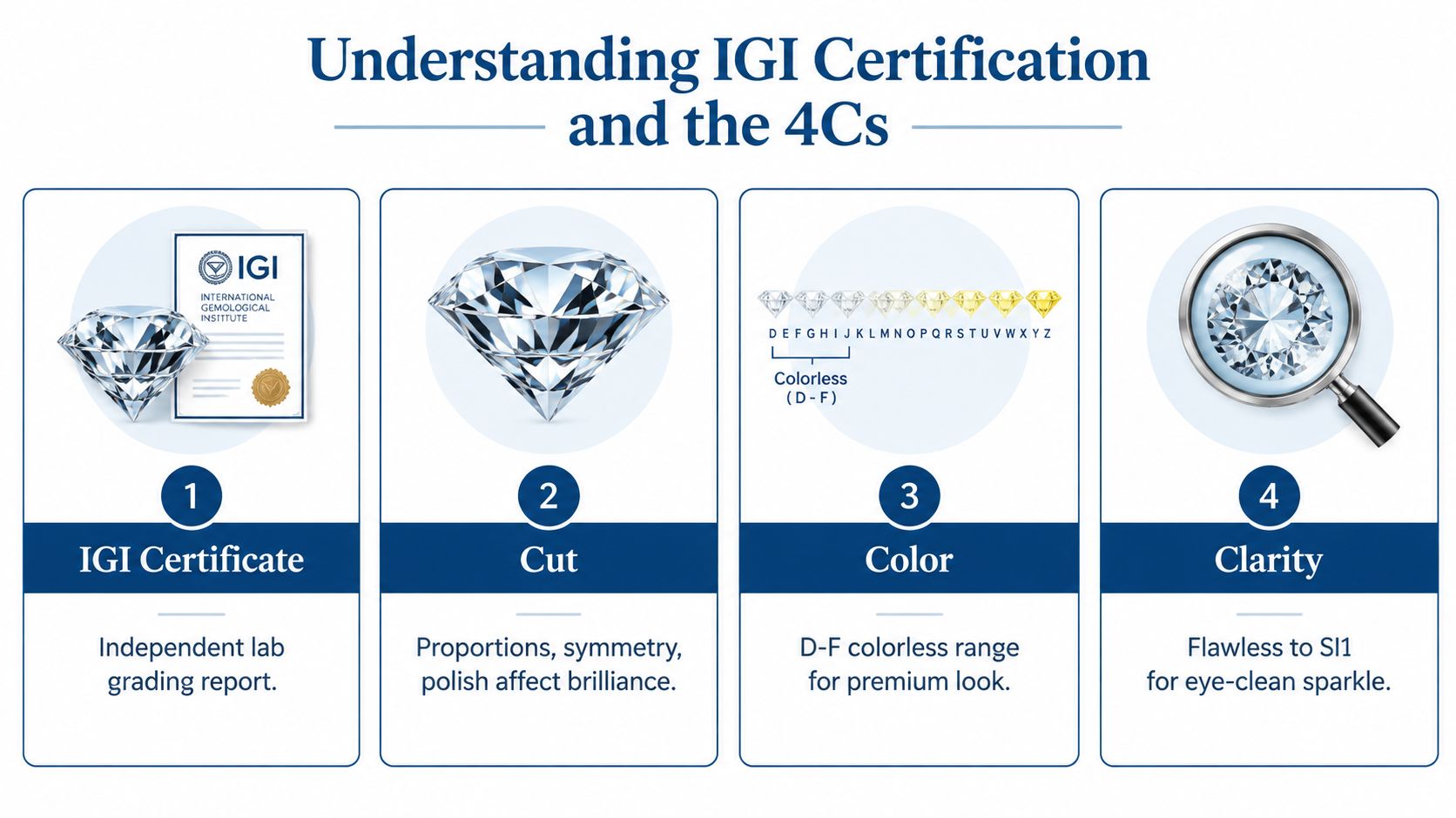 An infographic showing diamond grading criteria including the IGI certificate, cut, color, and clarity standards.