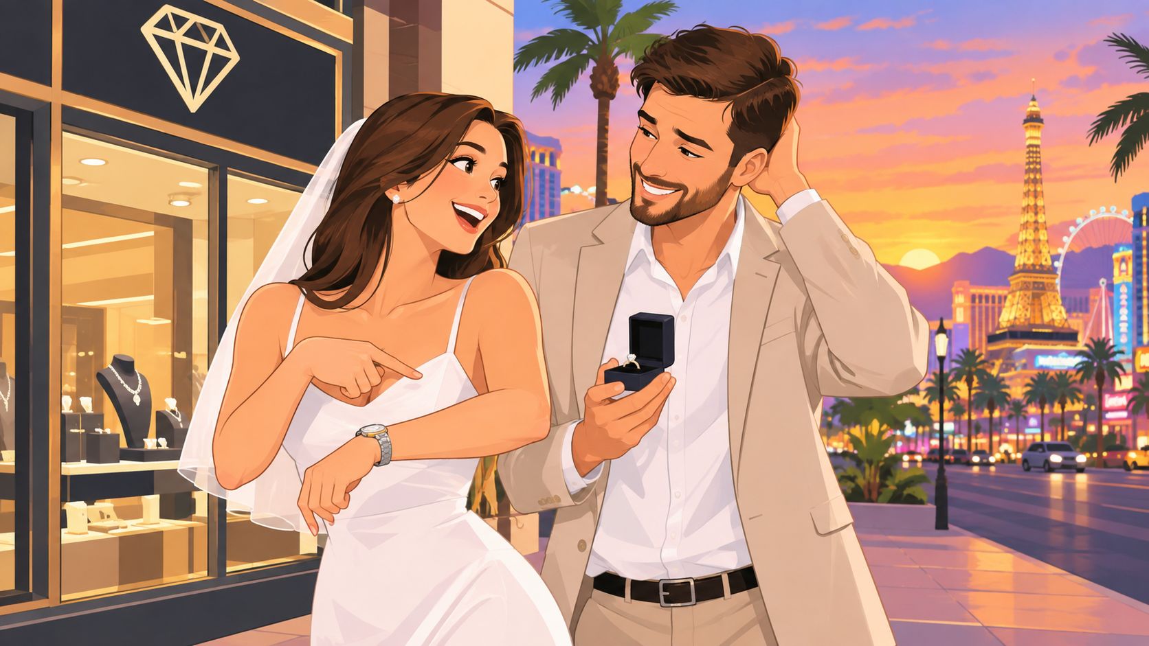 A couple dressed for a wedding in Las Vegas with the man presenting a diamond engagement ring.