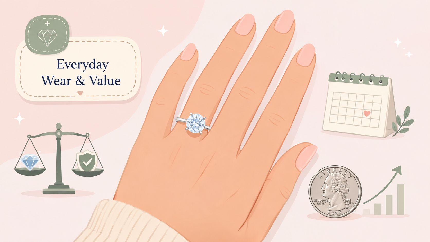 A hand wearing a brilliant round diamond ring, surrounded by icons representing value, longevity, and financial growth.