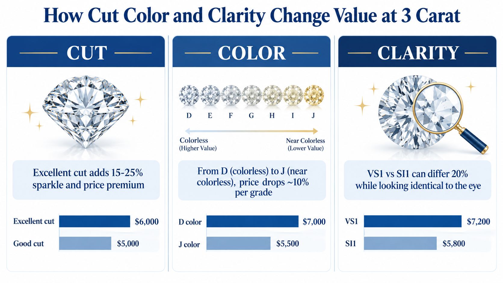 An infographic showing how diamond cut, color, and clarity affect the price of 3-carat diamond rings.