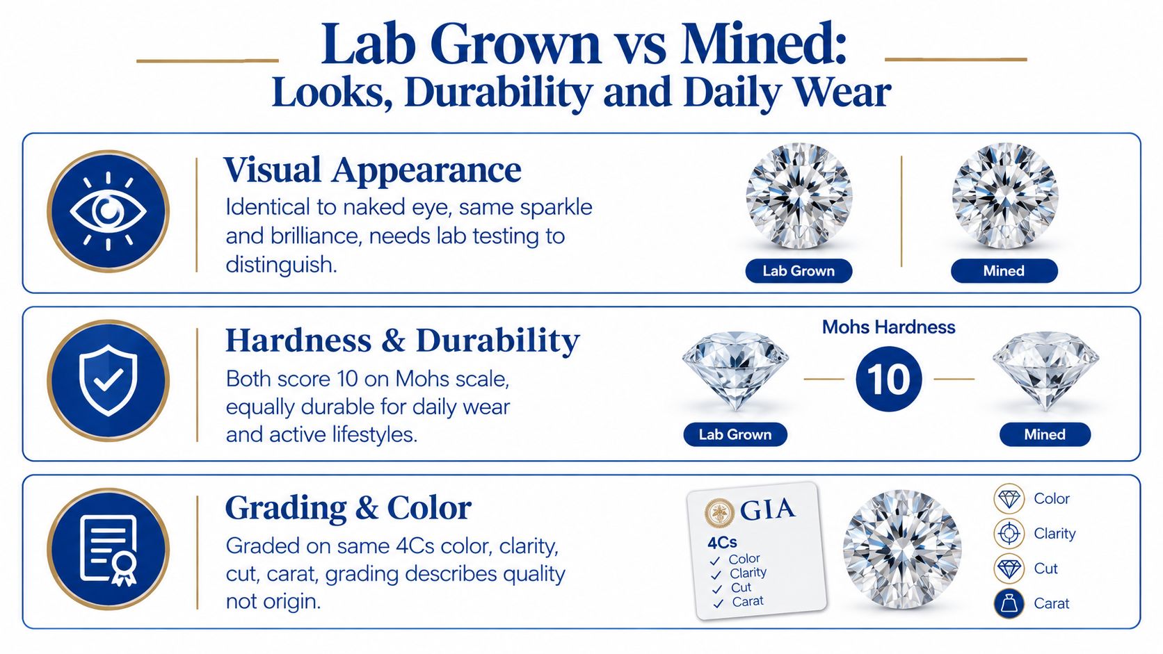 An infographic comparing lab grown and mined diamonds across appearance, hardness, and grading criteria.