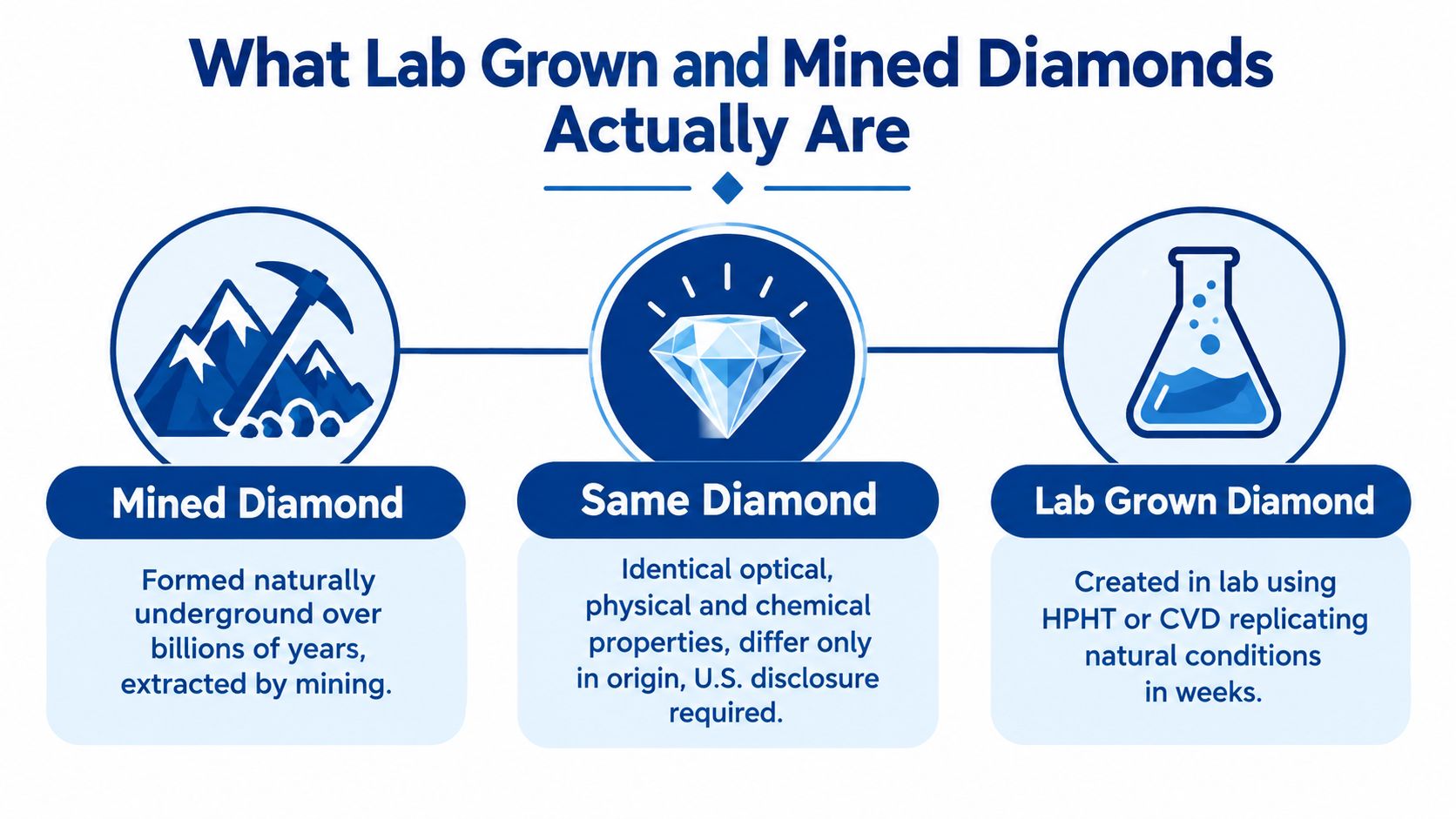 An infographic comparing mined diamonds and lab grown diamonds, highlighting their shared physical and chemical properties.