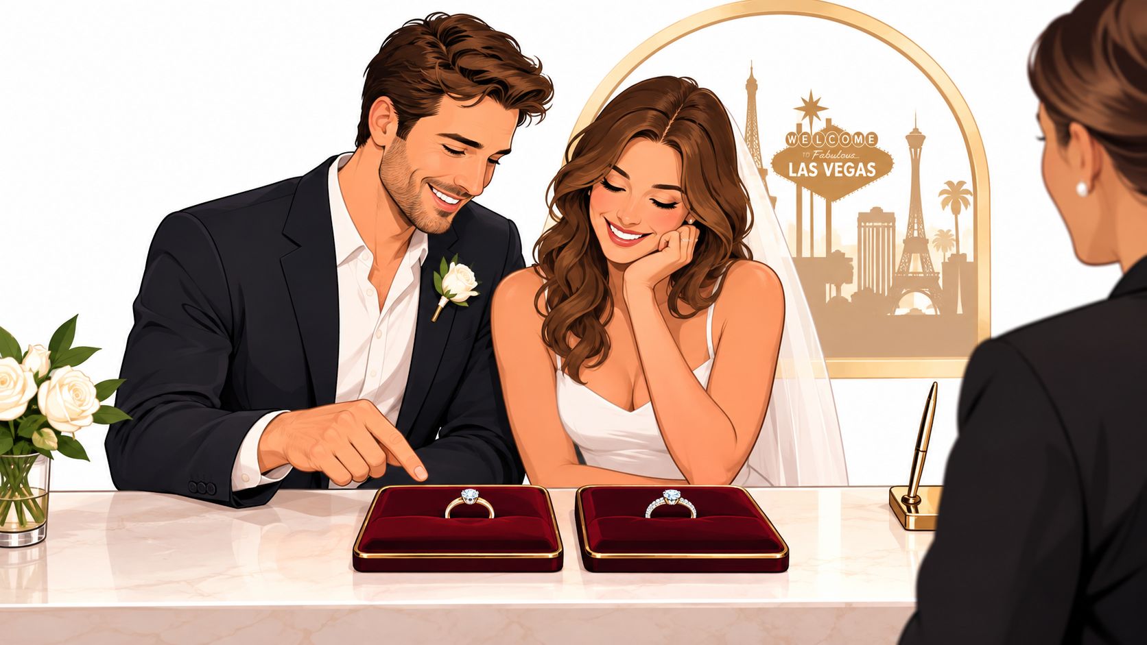 A couple looking at diamond engagement rings at a counter in front of a Las Vegas backdrop.