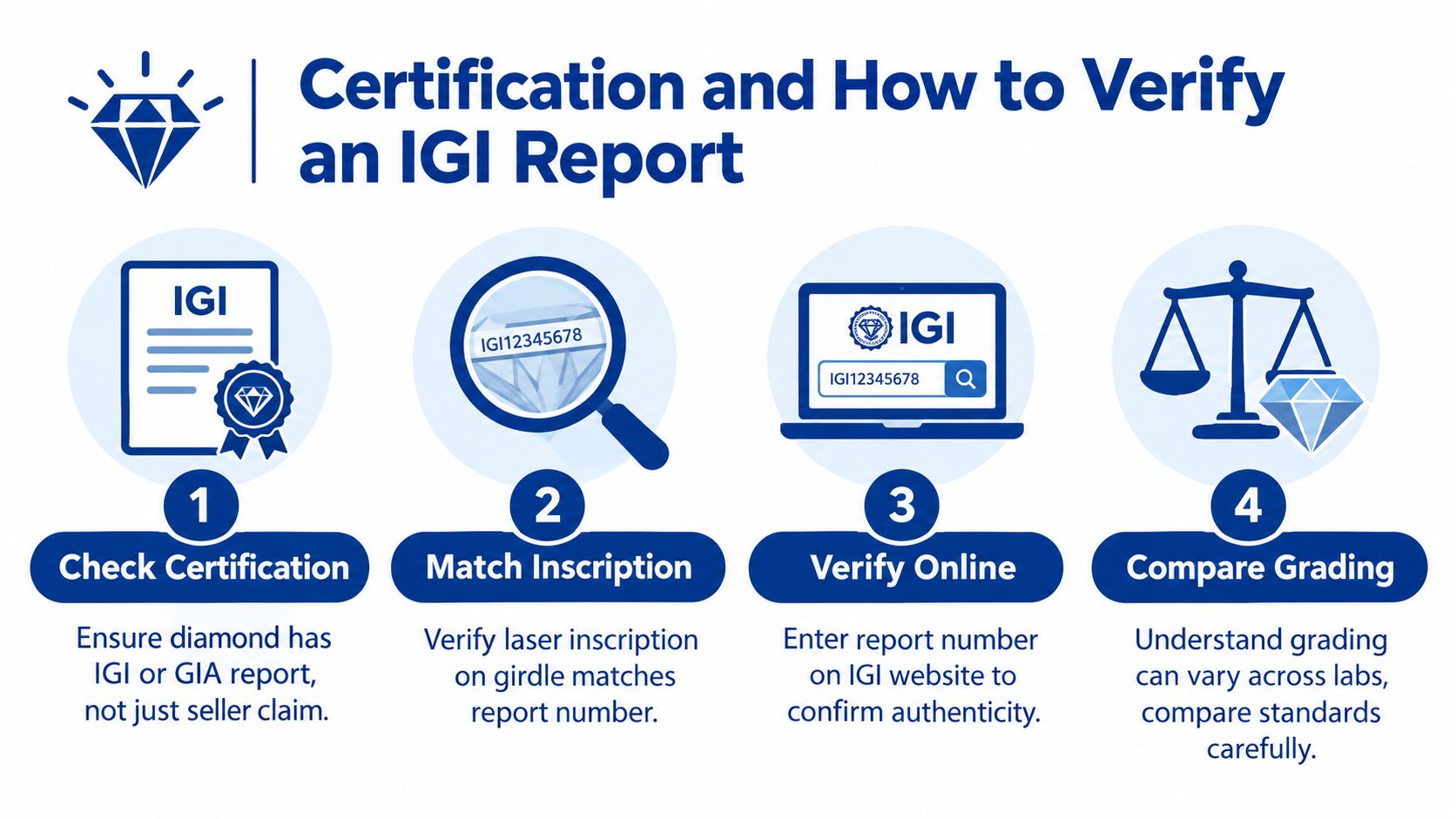 An infographic detailing four simple steps to verify the authenticity of an IGI diamond certification report.