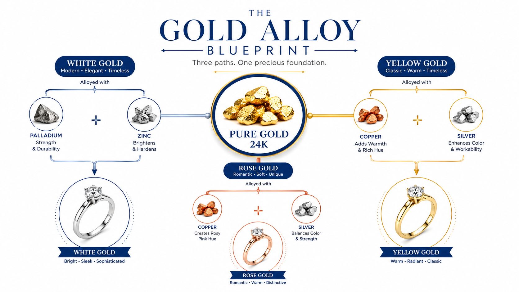 A diagram showing how 24K gold is alloyed with other metals to create white, yellow, and rose gold.
