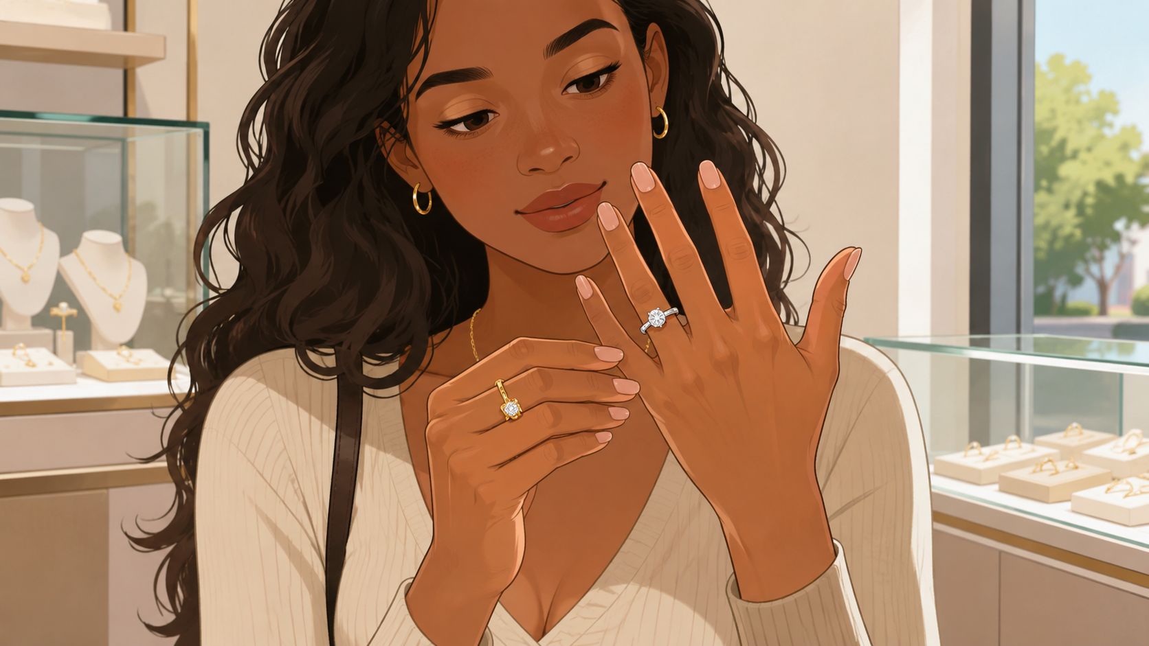 A young woman smiling while trying on a white gold engagement ring at a jewelry store.